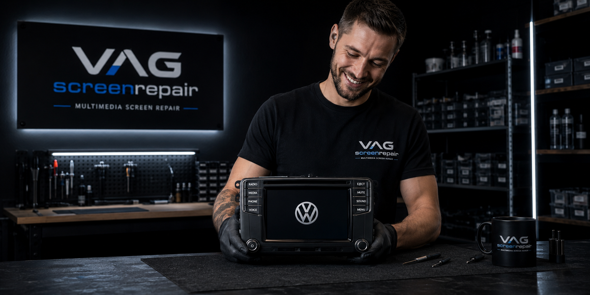 A technician at the vagscreenrepair bench holding a repaired Volkswagen multimedia unit, its display lit